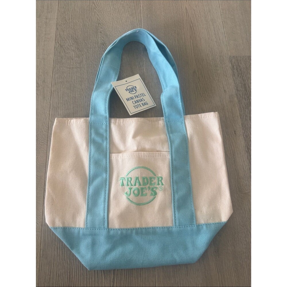 Trader Joe's Mini Canvas Tote in Light Blue and Cream